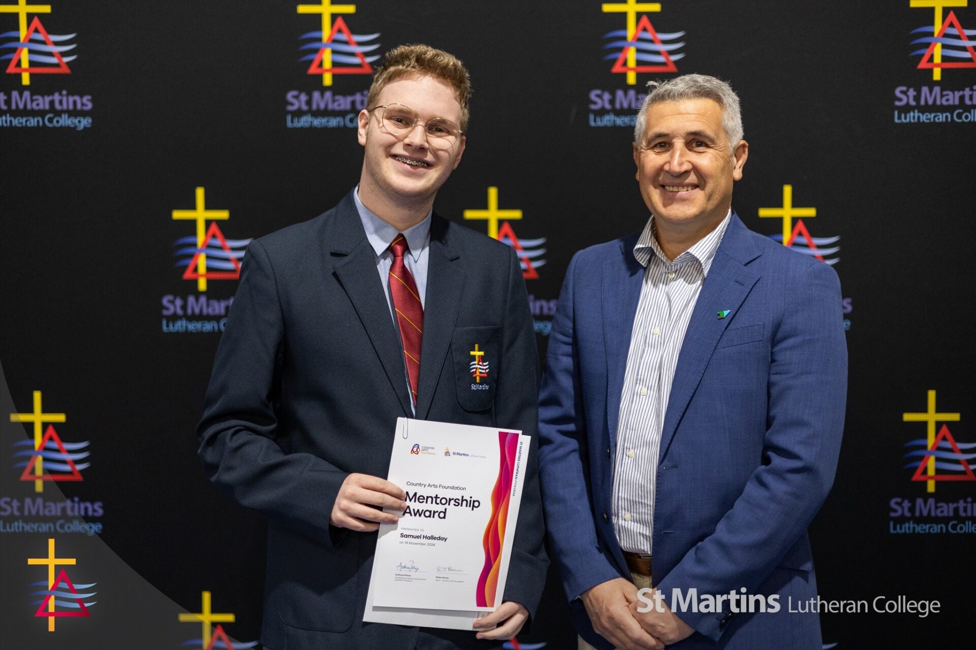 Sir Robert Helpmann Theatre manager Frank Morello with Country Arts Foundation Mentorship Award 2024 recipient Samuel Halleday.