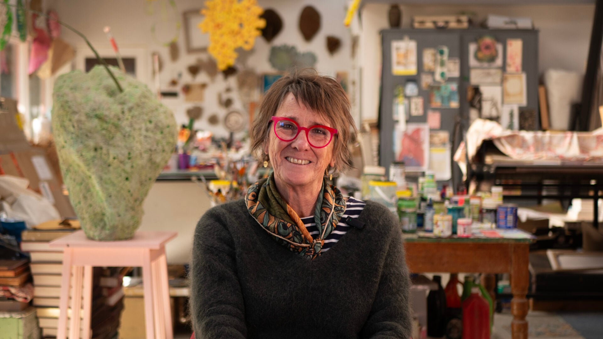Image of artist Chris De Rosa in her studio. 